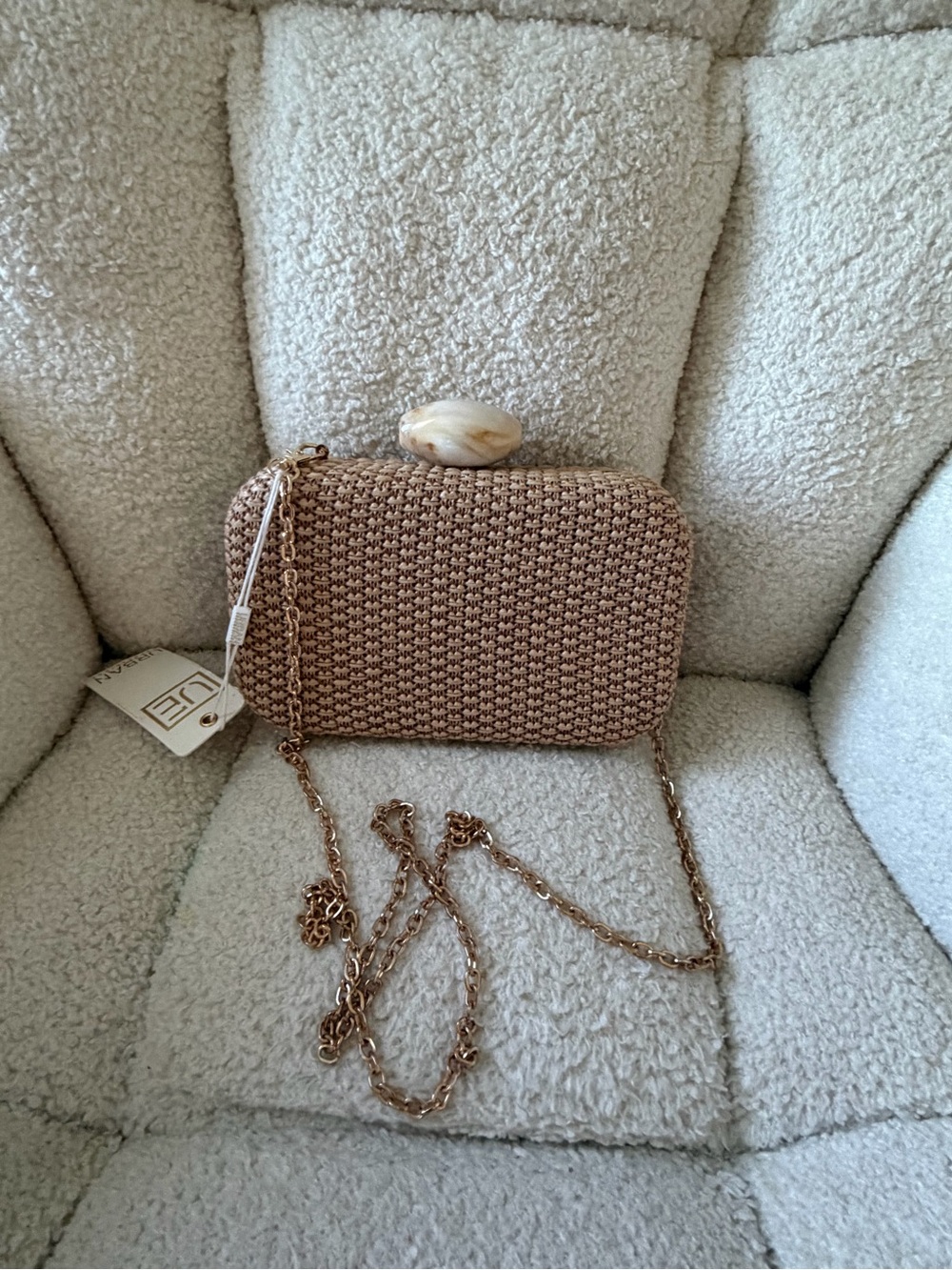 UE Metallic Rose Gold Woven Clutch with Stone Clasp